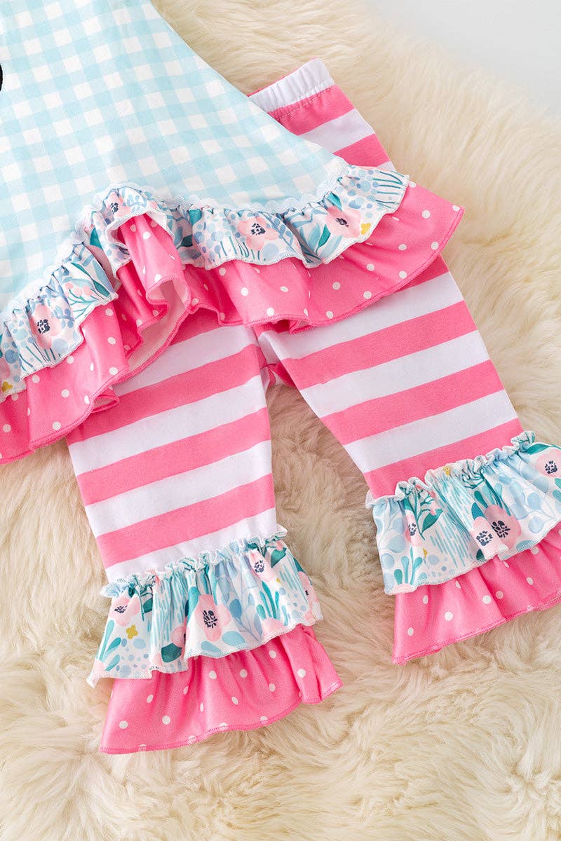 Gingham Wagon Appliqué Tunic & Stripe Ruffle Bottoms – Girls 2-Piece Set - Vintage Cottonwood