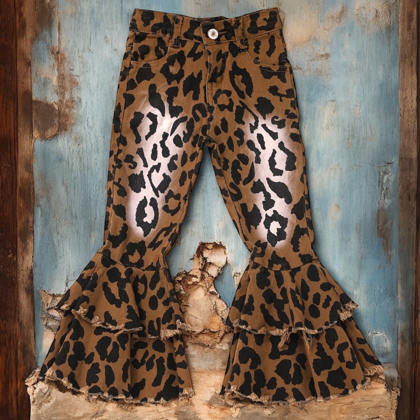 Washed Leopard Double Layer Girls Jeans - Vintage Cottonwood