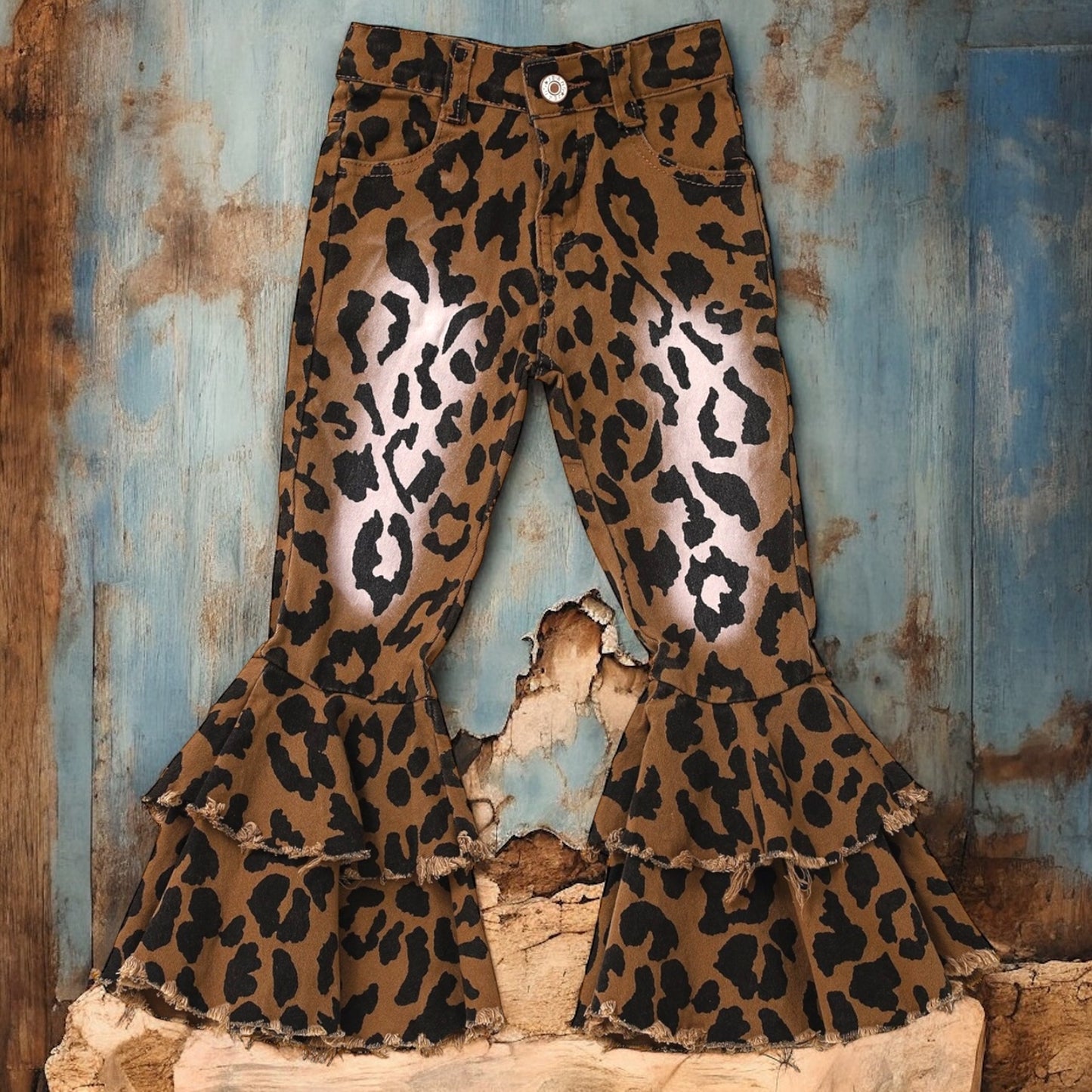 Washed Leopard Double Layer Girls Jeans - Vintage Cottonwood