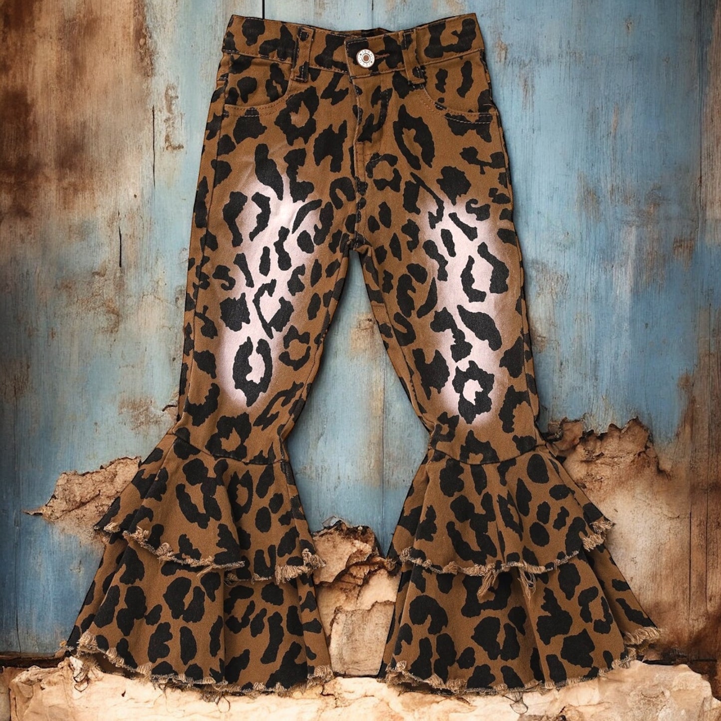 Washed Leopard Double Layer Girls Jeans - Vintage Cottonwood