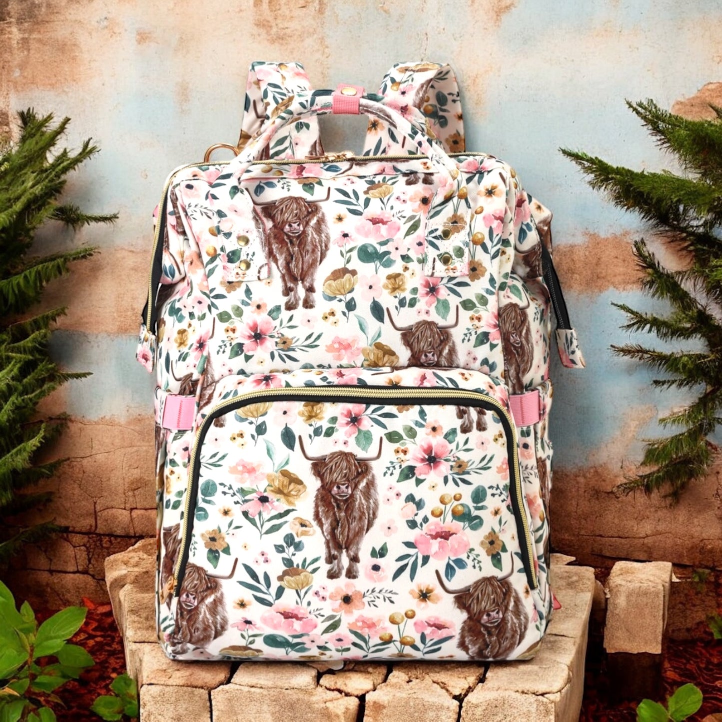 Highland Cow Floral Western Diaper Bag - Vintage Cottonwood