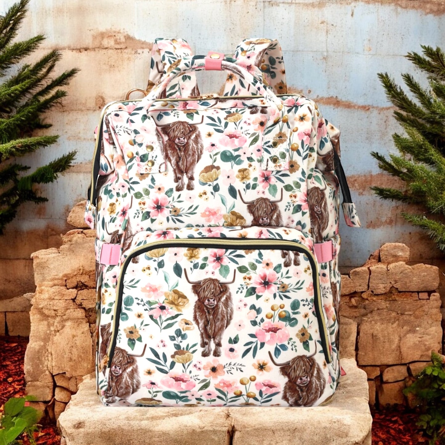 Highland Cow Floral Western Diaper Bag - Vintage Cottonwood