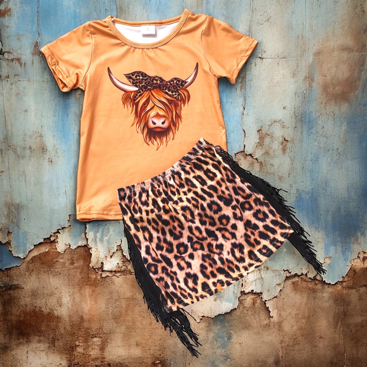 Cows Printed Cheetah Fringe Skirt 2 Pcs Set - Vintage Cottonwood