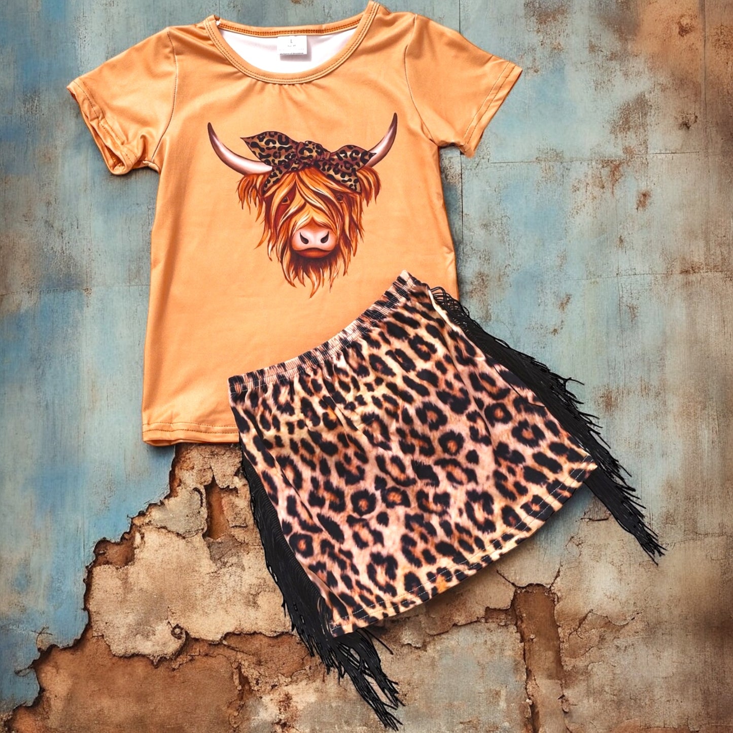 Cows Printed Cheetah Fringe Skirt 2 Pcs Set - Vintage Cottonwood