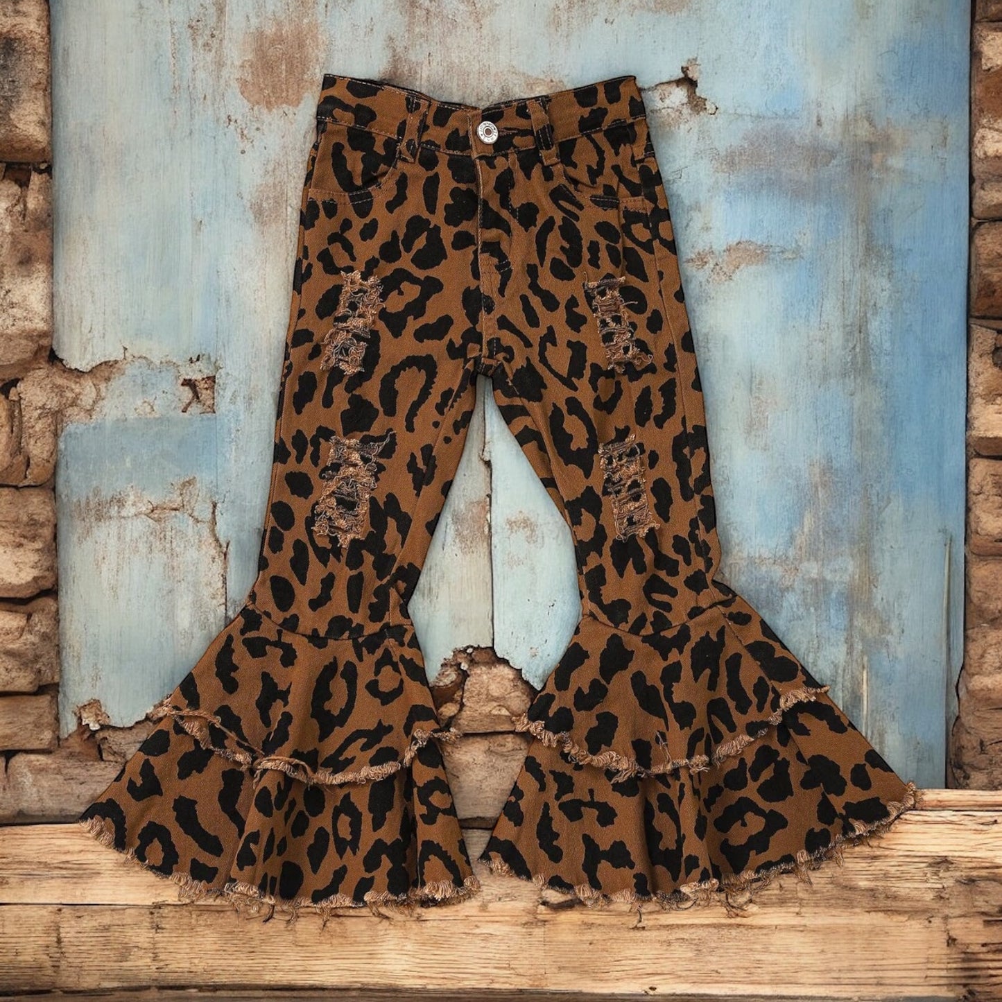 Leopard Distressed Double Layer Girls Jeans - Vintage Cottonwood