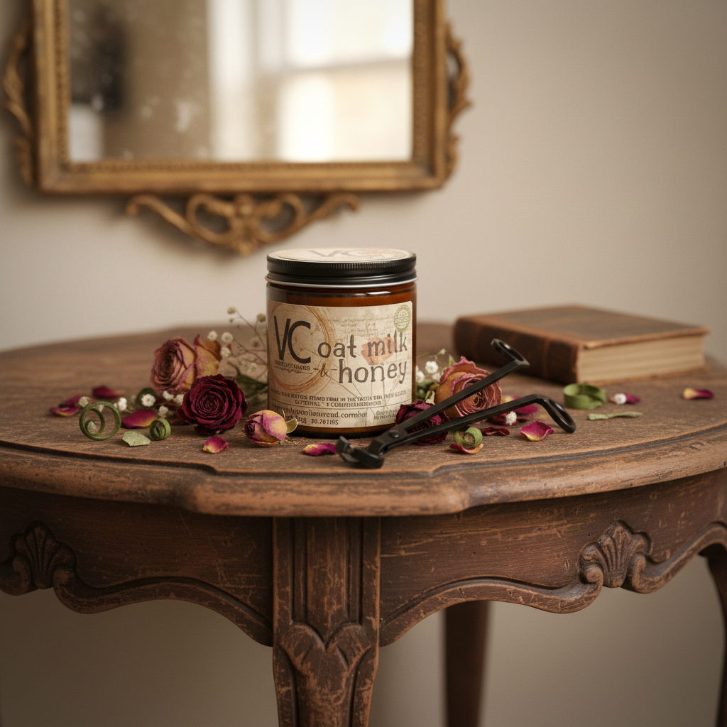 Candle labeled 'VC Oat Mills & Honey' on a wooden table with decorative items.