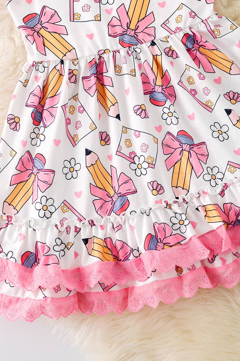 White Floral Pencil Print Dress with Pink Lace Trim – Girls - Vintage Cottonwood