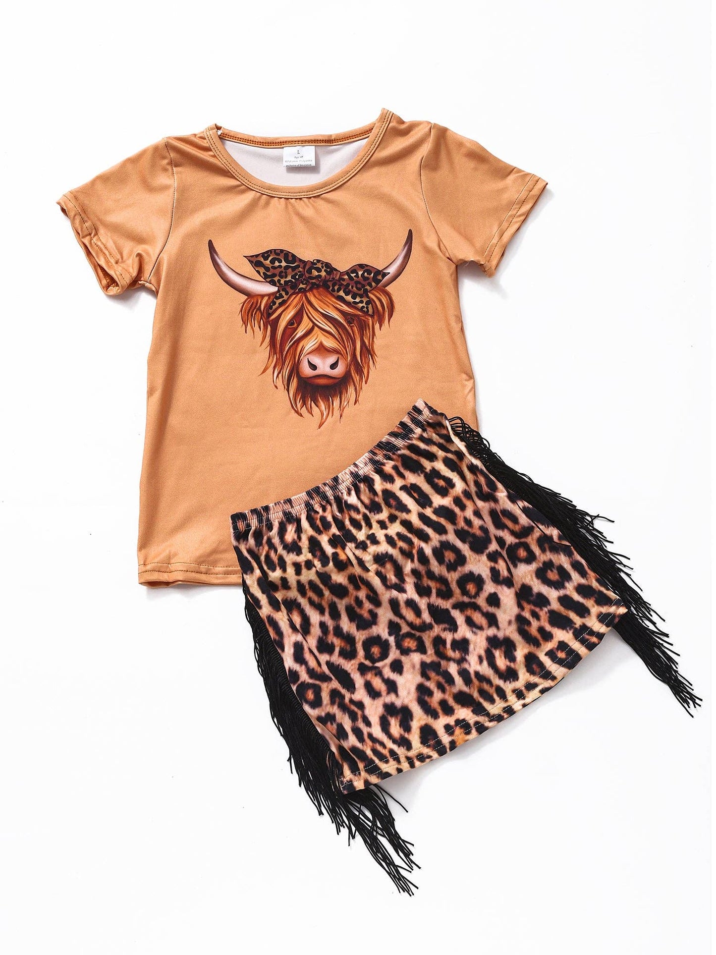 Cows Printed Cheetah Fringe Skirt 2 Pcs Set - Vintage Cottonwood