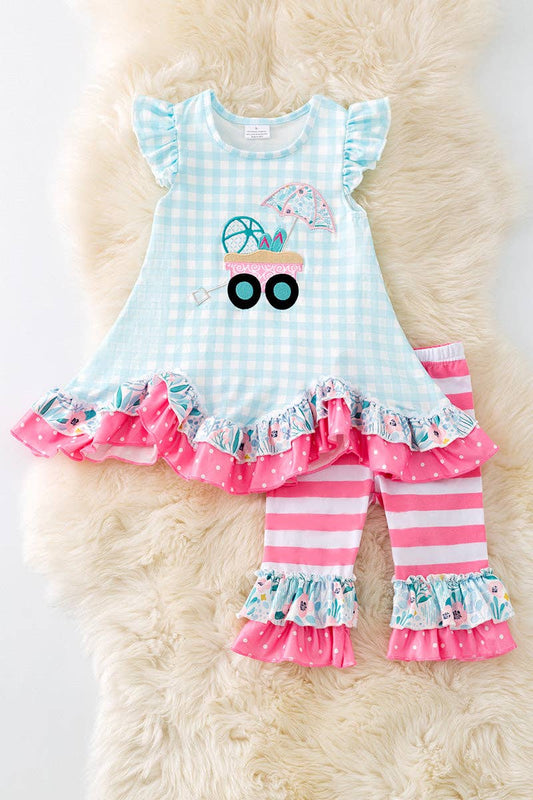Gingham Wagon Appliqué Tunic & Stripe Ruffle Bottoms – Girls 2-Piece Set - Vintage Cottonwood