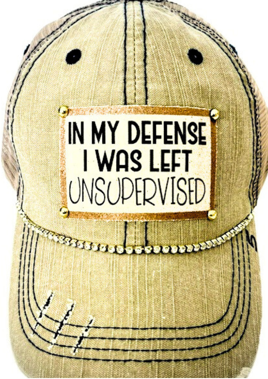 🧢 “In My Defense / I Was Left Unsupervised” – Distressed Trucker Hat (#5) - Vintage Cottonwood