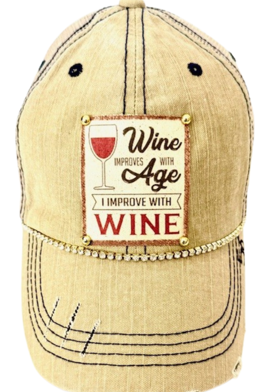 🍷🧢 “Wine Improves With Age” – Distressed Trucker Hat - Vintage Cottonwood