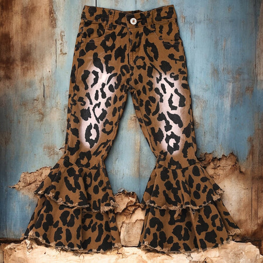 Washed Leopard Double Layer Girls Jeans - Vintage Cottonwood
