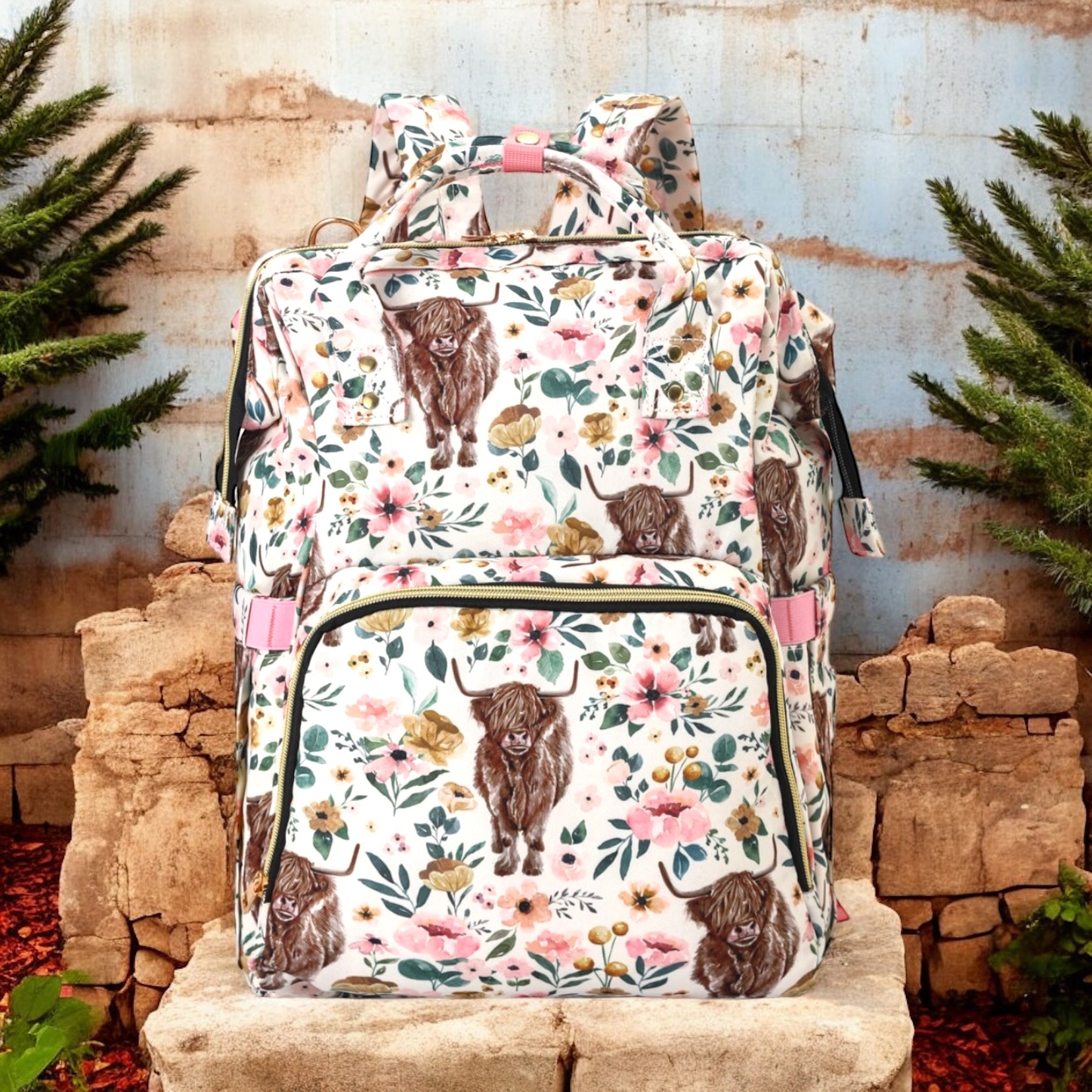 Highland Cow Floral Western Diaper Bag - Vintage Cottonwood