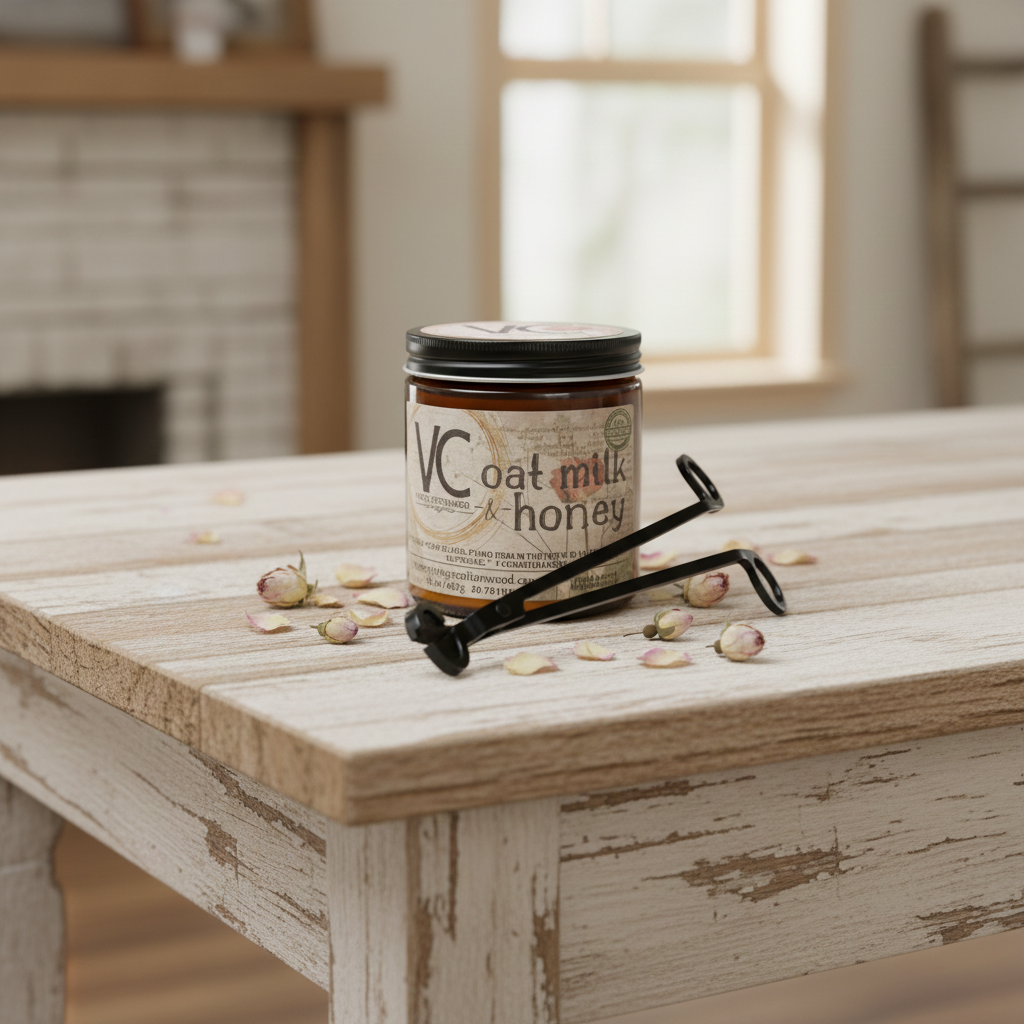 Jar of VC Oat Milk Honey on a wooden table with a blurred background