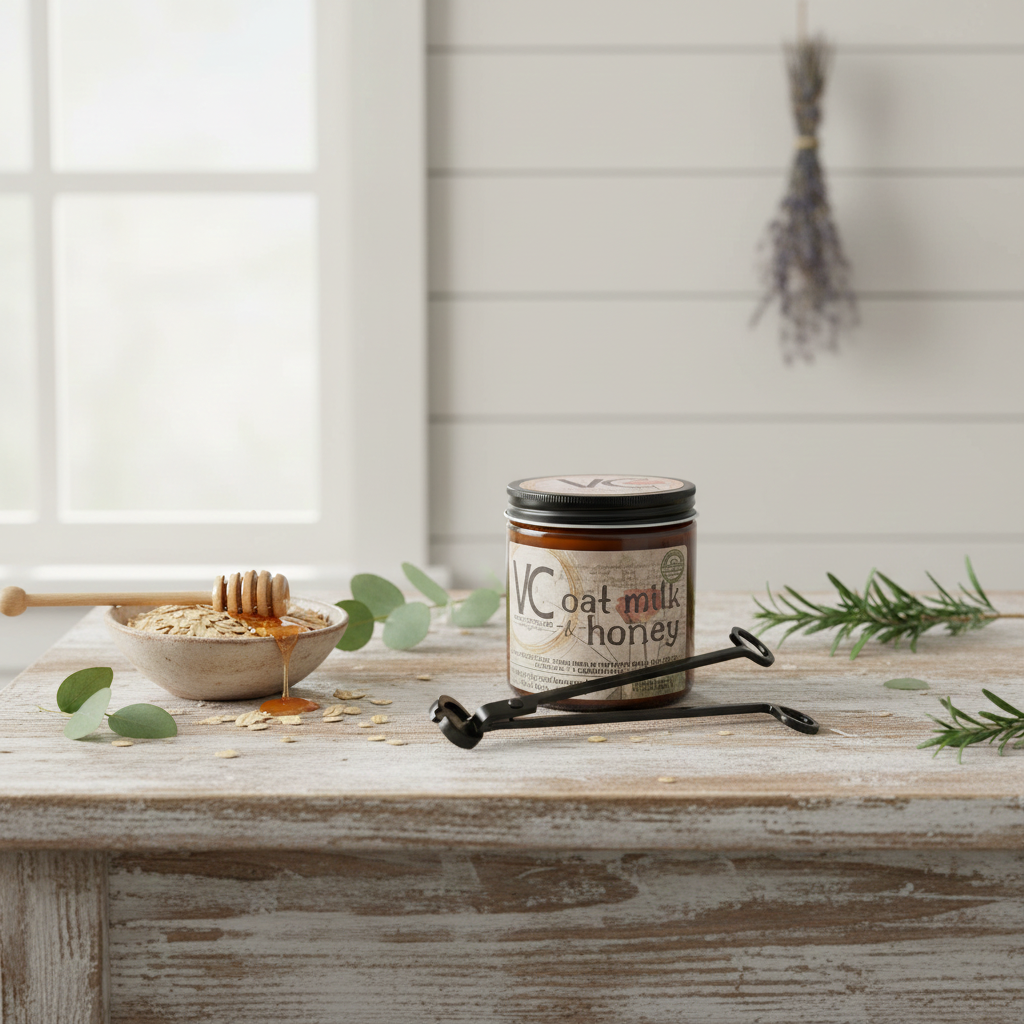 Jar of oat milk honey on a wooden surface with a rustic background