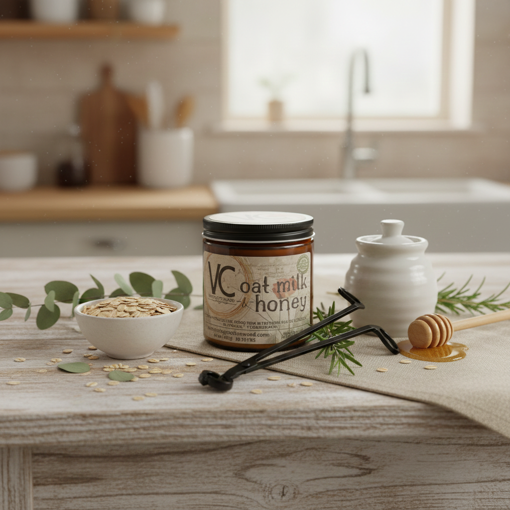 Jar of VC Oat Milk Honey on a kitchen counter with oats and honey dipper.