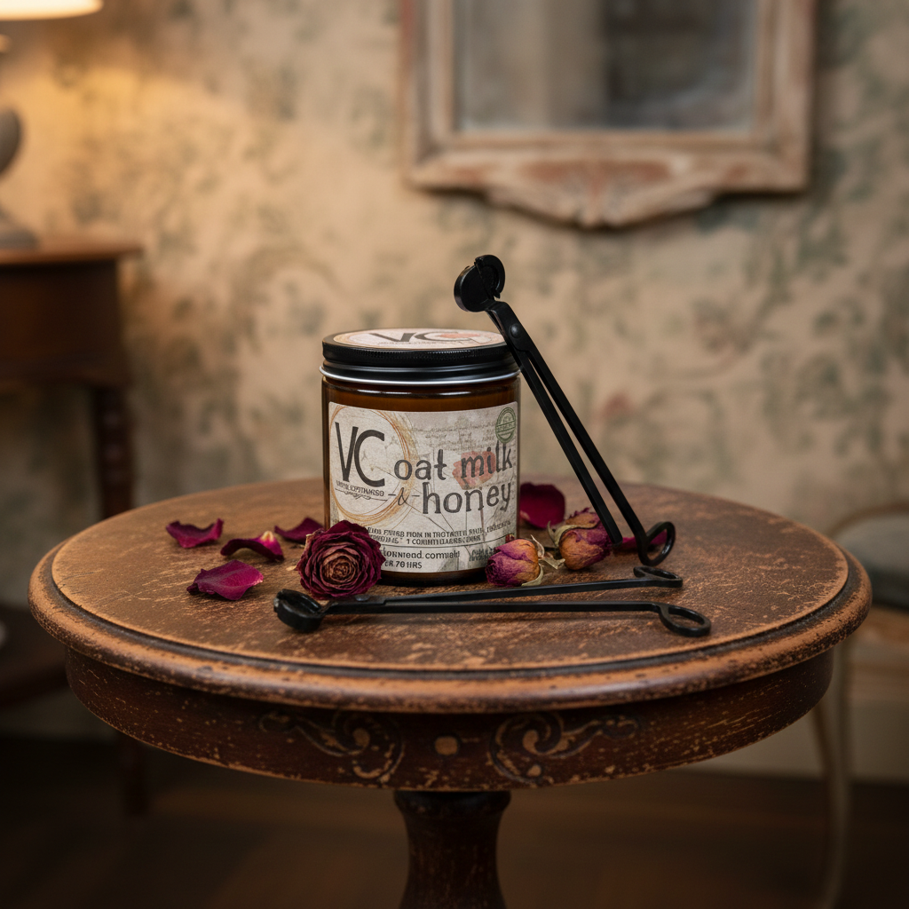 Jar of VC Oat Milk & Honey on a wooden table with decorative elements