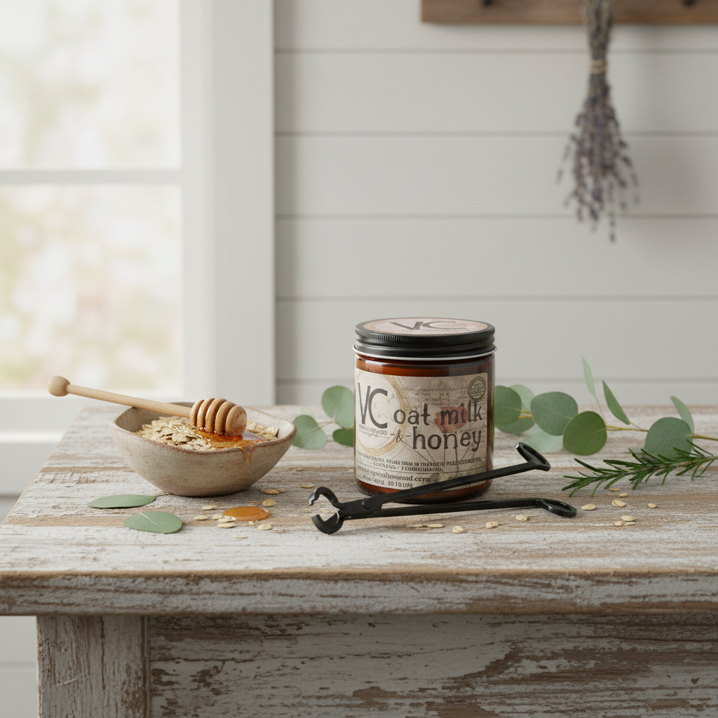 Jar of oat milk honey on a wooden table with a bowl of honey and a honey dipper.