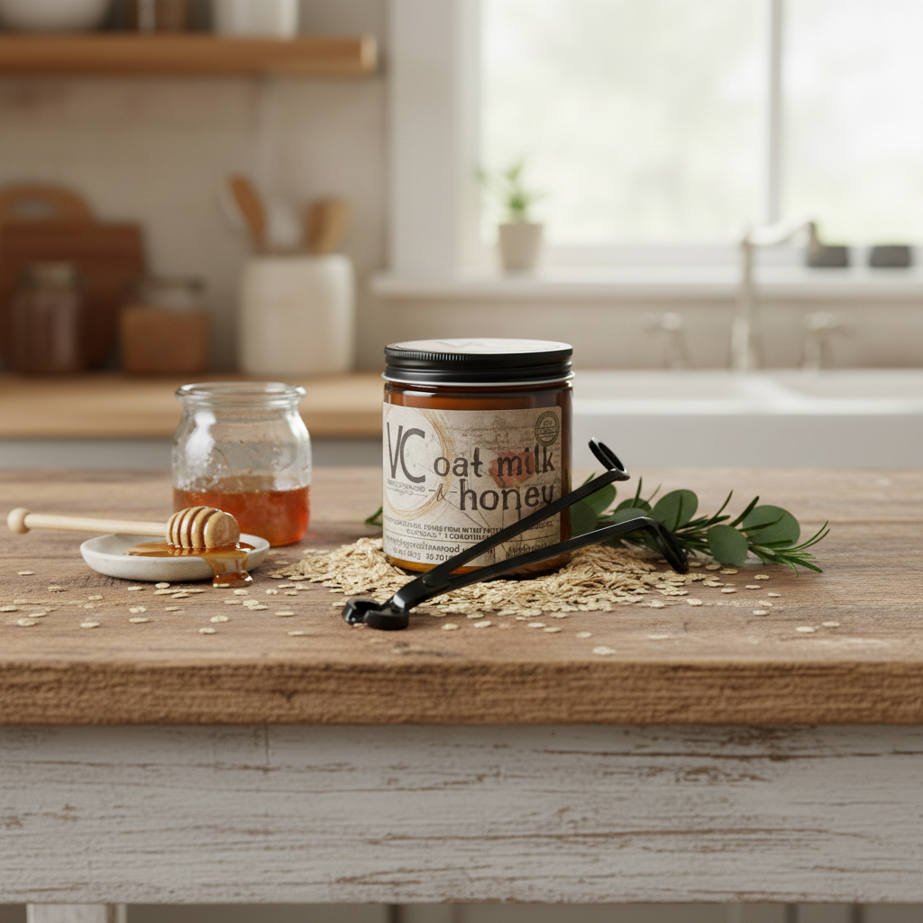 Jar of VC oat milk honey on a wooden table with honey and vanilla beans.
