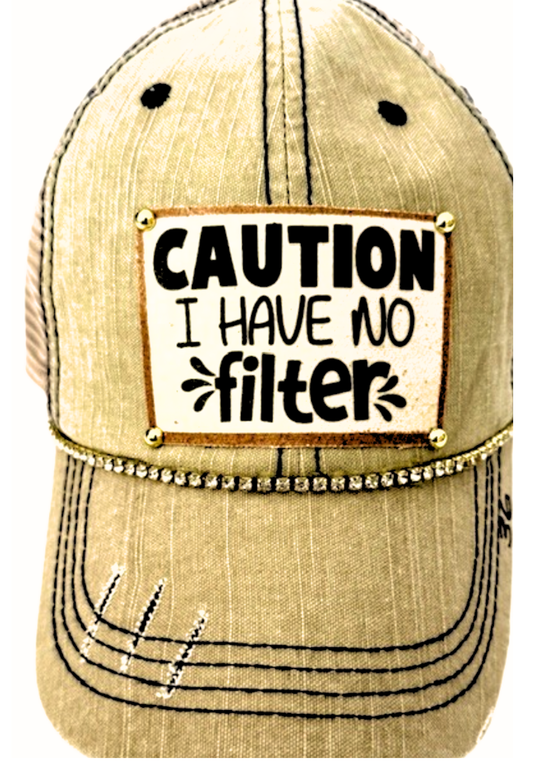 🧢 “Caution: I Have No Filter” – Distressed Trucker Hat (#36) - Vintage Cottonwood