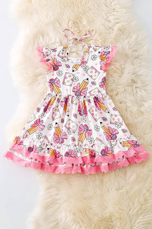 White Floral Pencil Print Dress with Pink Lace Trim – Girls - Vintage Cottonwood